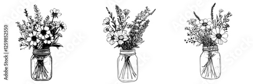 Beautiful hand-drawn vector illustration of flower arrangements in jars with different floral designs, showcasing nature's beauty and simplicity