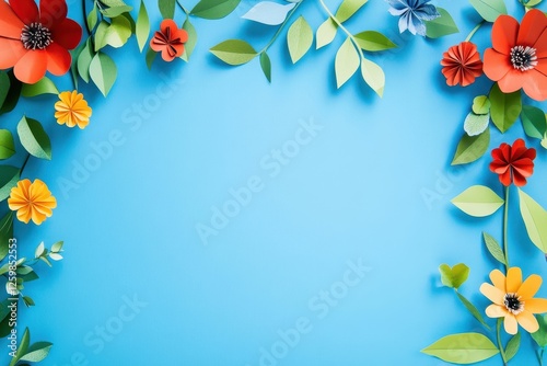 Colorful paper flowers and leaves border on a light blue background