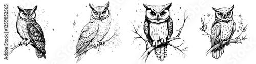 Detailed hand-drawn vector illustration of four owls perched on branches capturing different poses and expressions during nighttime