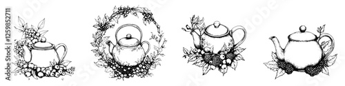 Hand-drawn vector illustration of teapots surrounded by floral arrangements representing a cozy tea time