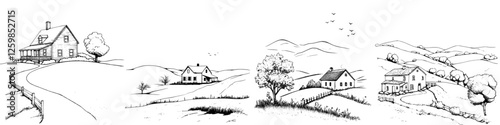 Hand-drawn vector illustration of peaceful countryside houses and rolling hills during a sunny day