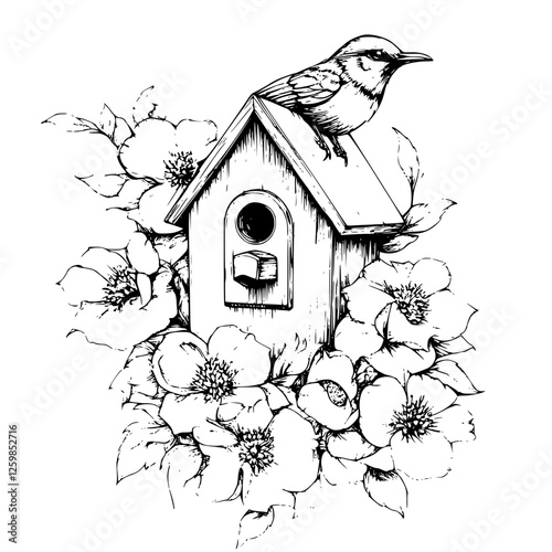 Hand-drawn vector illustration of a birdhouse with a bird perched on top surrounded by blooming flowers