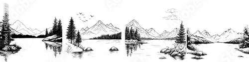 Serene mountain landscape with river and trees in hand-drawn style depicting nature's tranquility and beauty