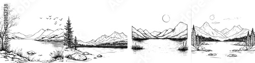 Hand-drawn vector illustration of serene landscapes with mountains, trees, and lakes during daylight hours