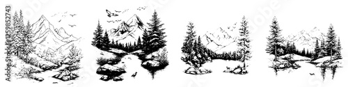 Hand-drawn vector illustration of serene mountain landscapes with trees and water bodies in a natural setting