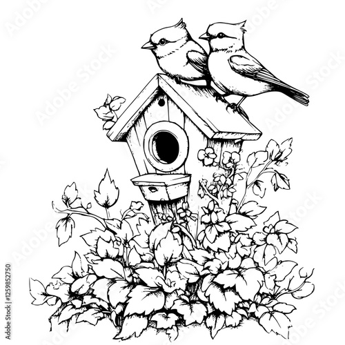 Charming hand-drawn vector illustration of two birds perched on a birdhouse surrounded by vibrant foliage