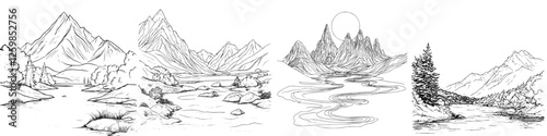 Hand-drawn vector illustration of serene landscapes featuring mountains, rivers, and natural scenery in a calming style