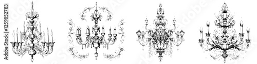 Elegant hand-drawn vector illustrations of various ornate chandeliers in intricate designs and patterns