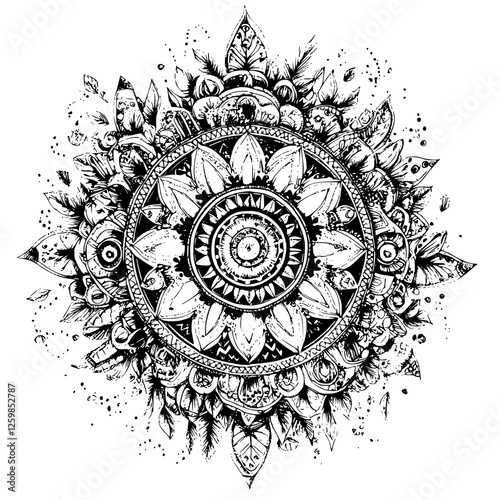Intricate hand-drawn vector illustration of a floral mandala design with detailed patterns and textures
