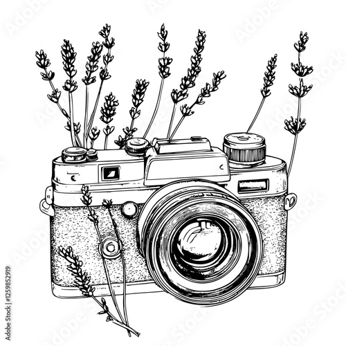 Hand-drawn vector illustration of a camera adorned with lavender flowers in a minimalist style