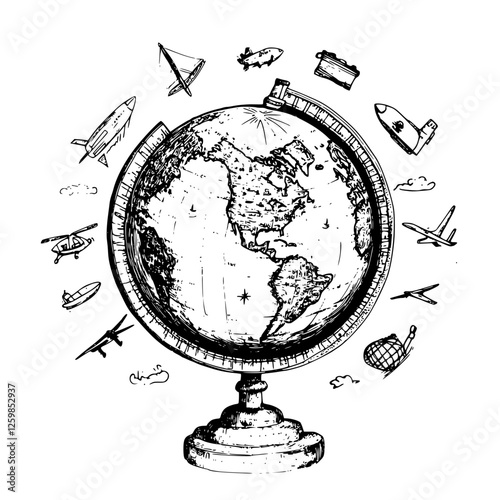 Vector illustration of a hand-drawn globe surrounded by various modes of transportation in a whimsical style