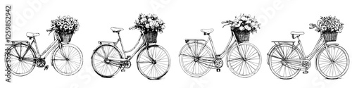 Vector illustration of hand-drawn bicycles with flower baskets in a linear arrangement showcasing various angles