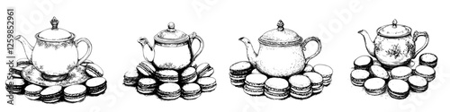 Elegant hand-drawn vector illustration of teapots and macarons on display for a delightful afternoon tea experience