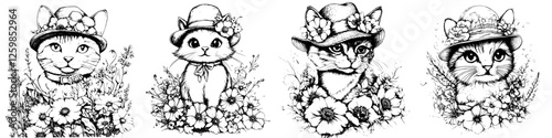 Cats dressed in floral hats standing among blooming flowers in a whimsical hand-drawn vector illustration