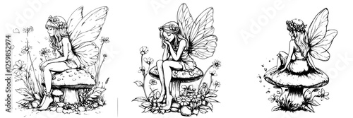 Charming hand-drawn vector illustration of a fairy resting on a mushroom surrounded by flowers in a whimsical outdoor setting