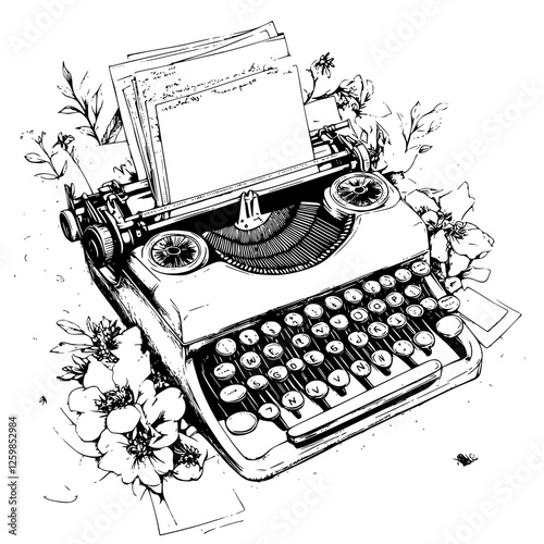 Vintage typewriter surrounded by flowers in hand-drawn vector illustration showcasing creativity and nostalgia