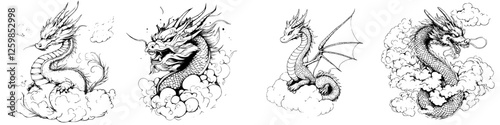 Vector illustration of hand-drawn dragons in various poses and styles surrounded by clouds