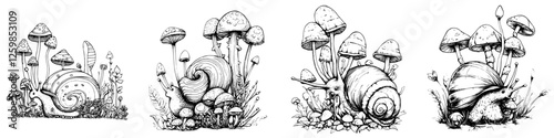Delicate hand-drawn illustration of snails among mushrooms in a whimsical forest setting