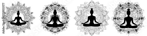 Stylish hand-drawn vector illustration of meditative figures surrounded by intricate mandala designs