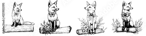 Hand-drawn vector illustration of playful foxes on tree logs with floral accents in a whimsical forest setting