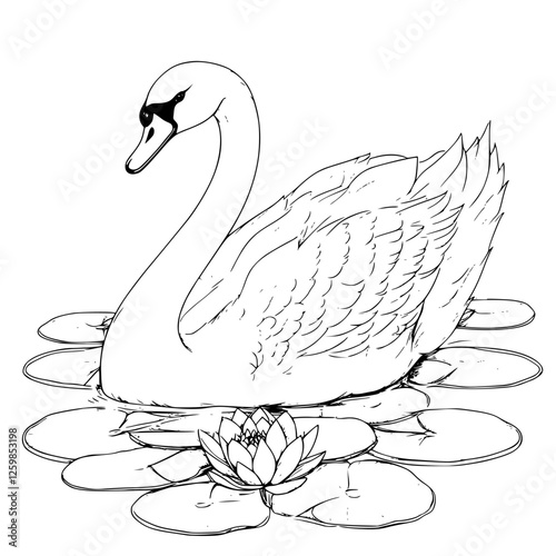 Hand-drawn vector illustration of a graceful swan gliding on a tranquil pond surrounded by water lilies