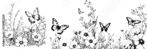 Vector illustration of hand-drawn butterflies among flowering plants in a serene natural setting