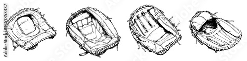 Hand-drawn vector illustration of various baseball gloves displayed in detailed perspectives