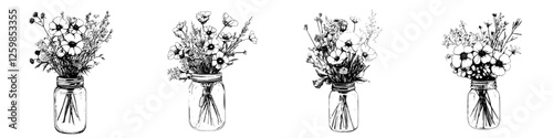 Hand drawn vector illustration of four bouquets in mason jars showcasing various wildflowers and plants