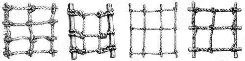 Hand-drawn vector illustration of various types of rope ladders and nets showcasing different designs and arrangements