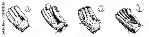 Hand drawn vector illustration of baseball gloves catching balls in different positions during play