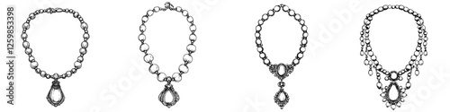 Elegant hand-drawn vector illustrations of various vintage necklaces showcasing intricate designs and details