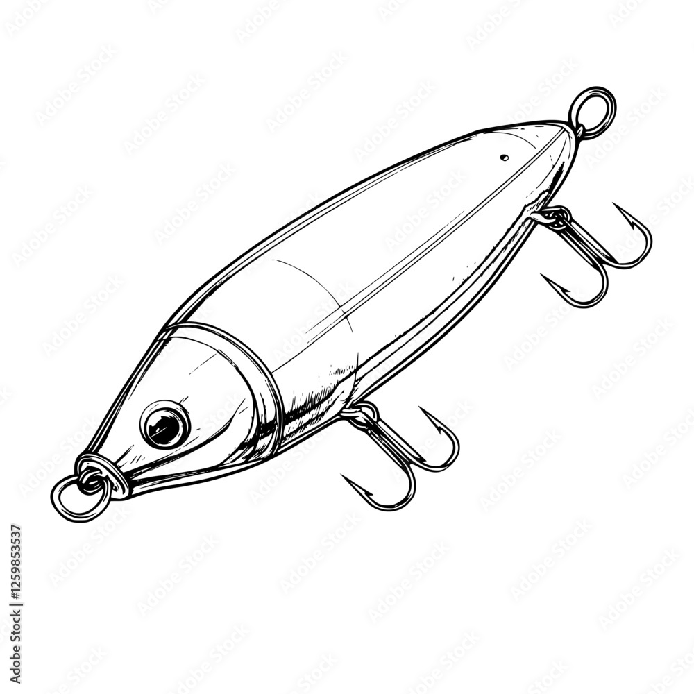 Hand-drawn vector illustration of a fishing lure design showcasing intricate details suitable for anglers and enthusiasts Hand-drawn vector illustration of a fishing lure design showcasing intricate details suitable for anglers and enthusiasts