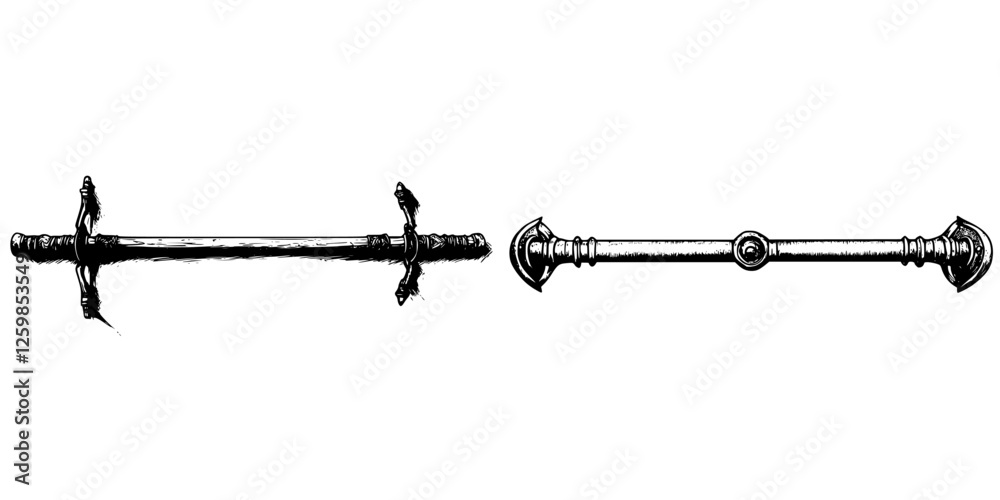 Hand-drawn vector illustration of two traditional wooden staffs depicting cultural significance and craftsmanship Hand-drawn vector illustration of two traditional wooden staffs depicting cultural significance and craftsmanship