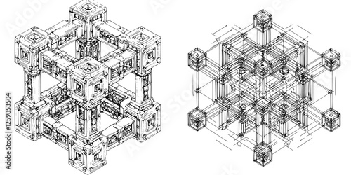 Complex geometric structure illustrated in hand-drawn style with intricate details and multiple perspectives