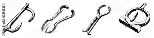 Hand-drawn vector illustration of various unique tools and instruments used for crafting