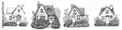 Charming hand-drawn vector illustration of four unique cottages surrounded by blooming gardens in a tranquil setting