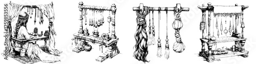 Hand-drawn vector illustration of a craftsperson's workshop showcasing tools and materials used for traditional crafting