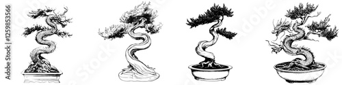 Artistic hand-drawn vector illustrations of various bonsai trees in unique styles and positions
