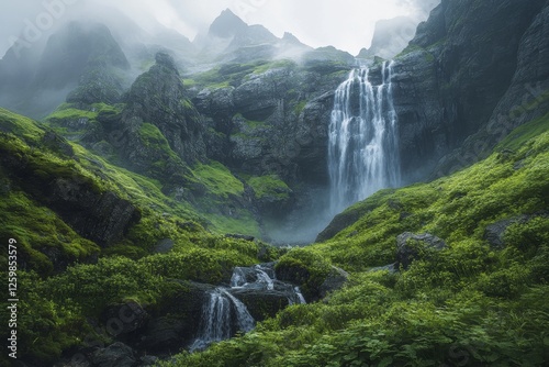Misty mountain waterfall, lush valley