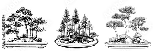 Hand-drawn vector illustration of three unique bonsai trees in detailed pots reflecting nature's beauty