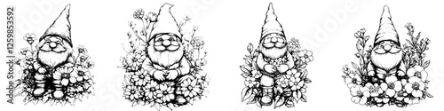 Charming hand-drawn vector illustration of garden gnomes surrounded by flowers in a whimsical setting