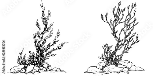 Hand-drawn vector illustration of aquatic plants by rocky shore showcasing intricate details and natural beauty