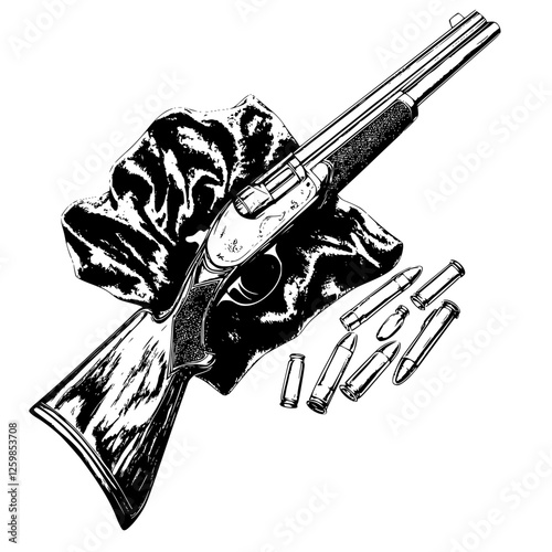 Hand-drawn vector illustration of a vintage rifle resting on a textured cloth with scattered bullets