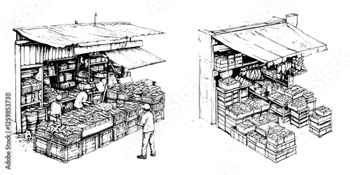 Hand-drawn vector illustration depicting a busy marketplace with stalls filled with boxes of fresh produce and vendors in action