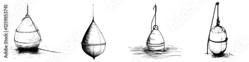 Fishing floats illustrated in hand-drawn vector style showcasing different shapes and water interactions