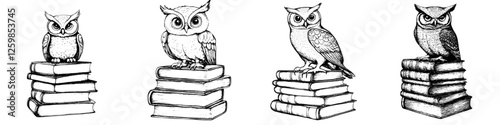 Vector illustration of hand-drawn owls perched on stacks of books in a whimsical style, showcasing different owl species and poses