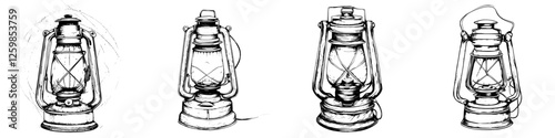Hand-drawn vector illustration of vintage lanterns showcasing various designs and styles during the evening