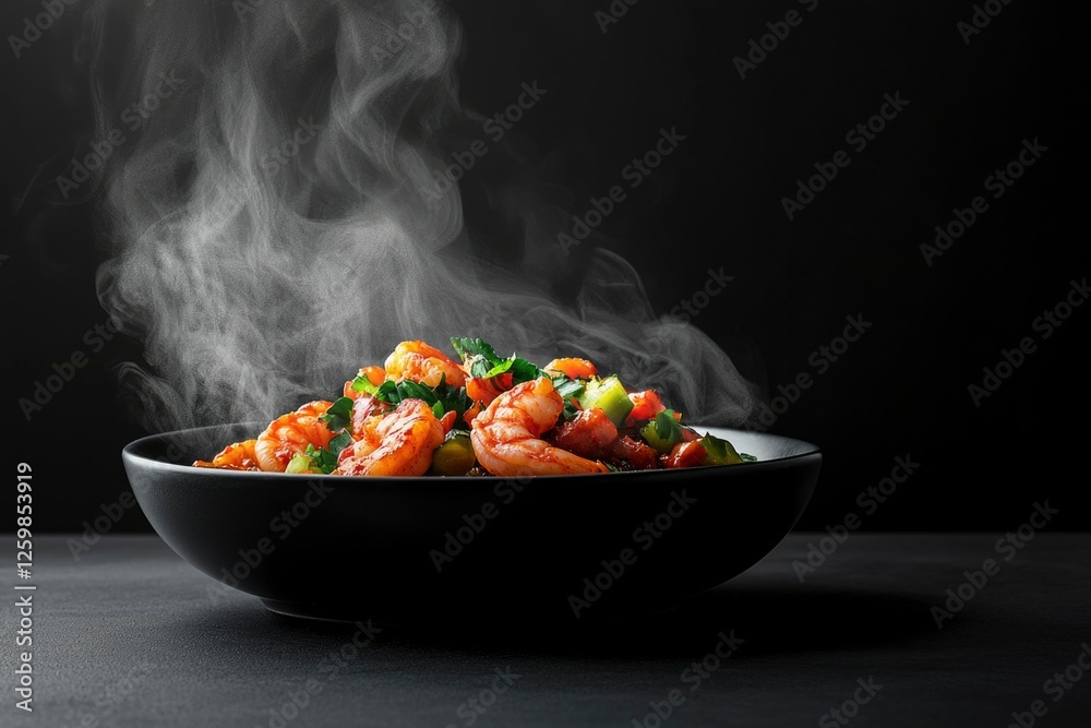 Steaming shrimp stir-fry in bowl on dark backdrop. Food photography use Steaming shrimp stir-fry in bowl on dark backdrop. Food photography use