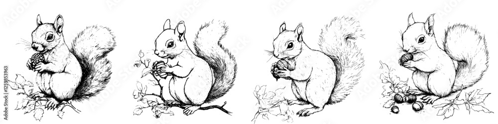 Charming hand-drawn vector illustration of squirrels foraging in a natural setting Charming hand-drawn vector illustration of squirrels foraging in a natural setting