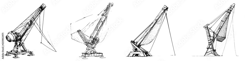 Hand-drawn vector illustration of various cranes in different positions showcasing their design and function Hand-drawn vector illustration of various cranes in different positions showcasing their design and function